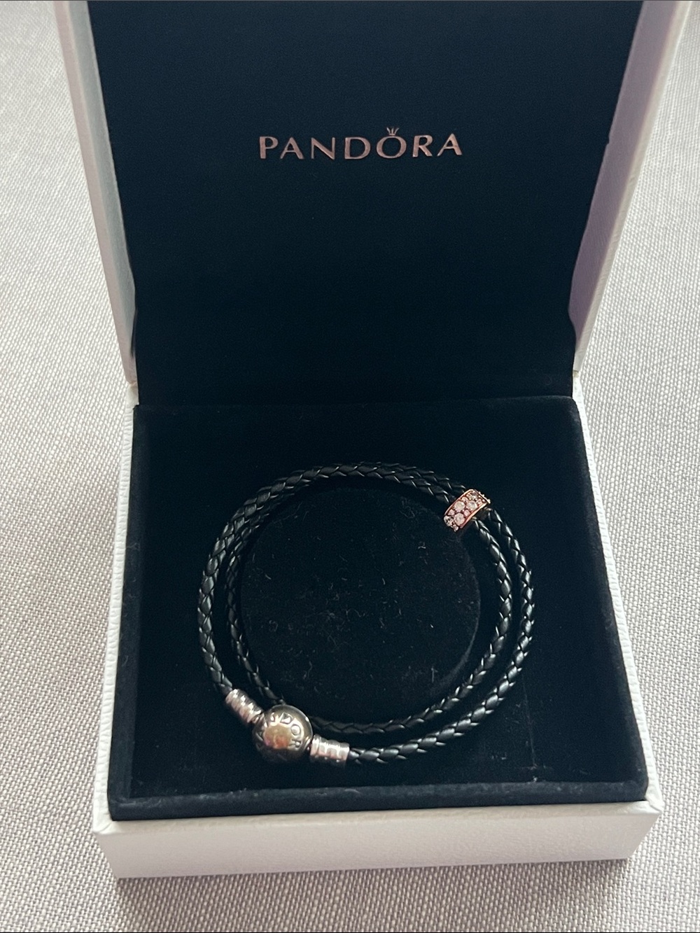Pandora Black Double Wrap Leather Bracelet with Silver & Rose gold charm